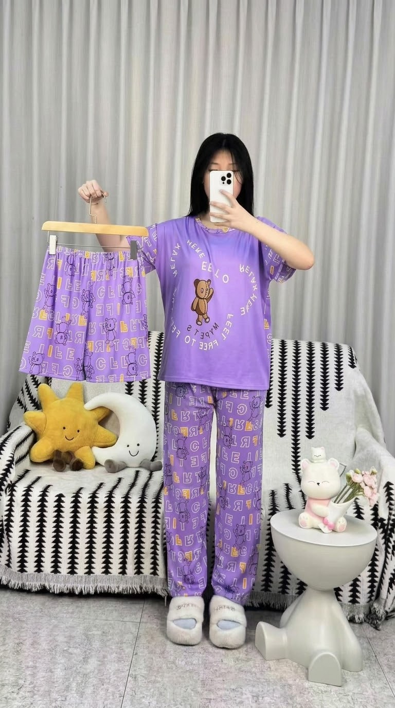 Cute Stitch Print 3-Piece Sleepwear & Pyjama Set (T-Shirt, Long Pants & Shorts)